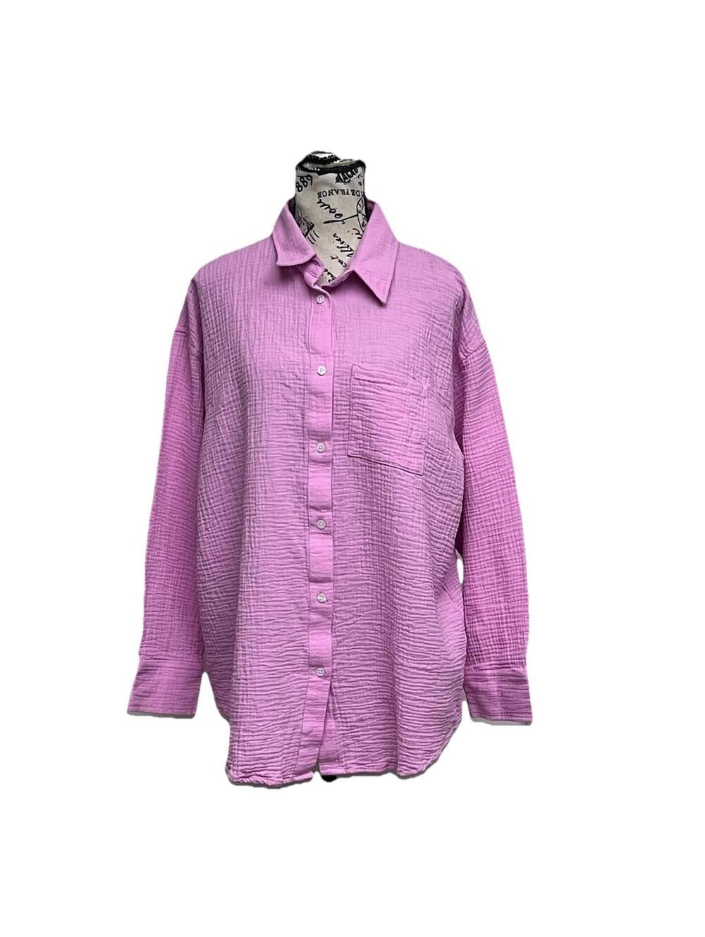 32 Cool Pink Gauze Button Up Tunic Blouse XL Slub Knit Coastal Boho Oversized - Picture 2 of 10